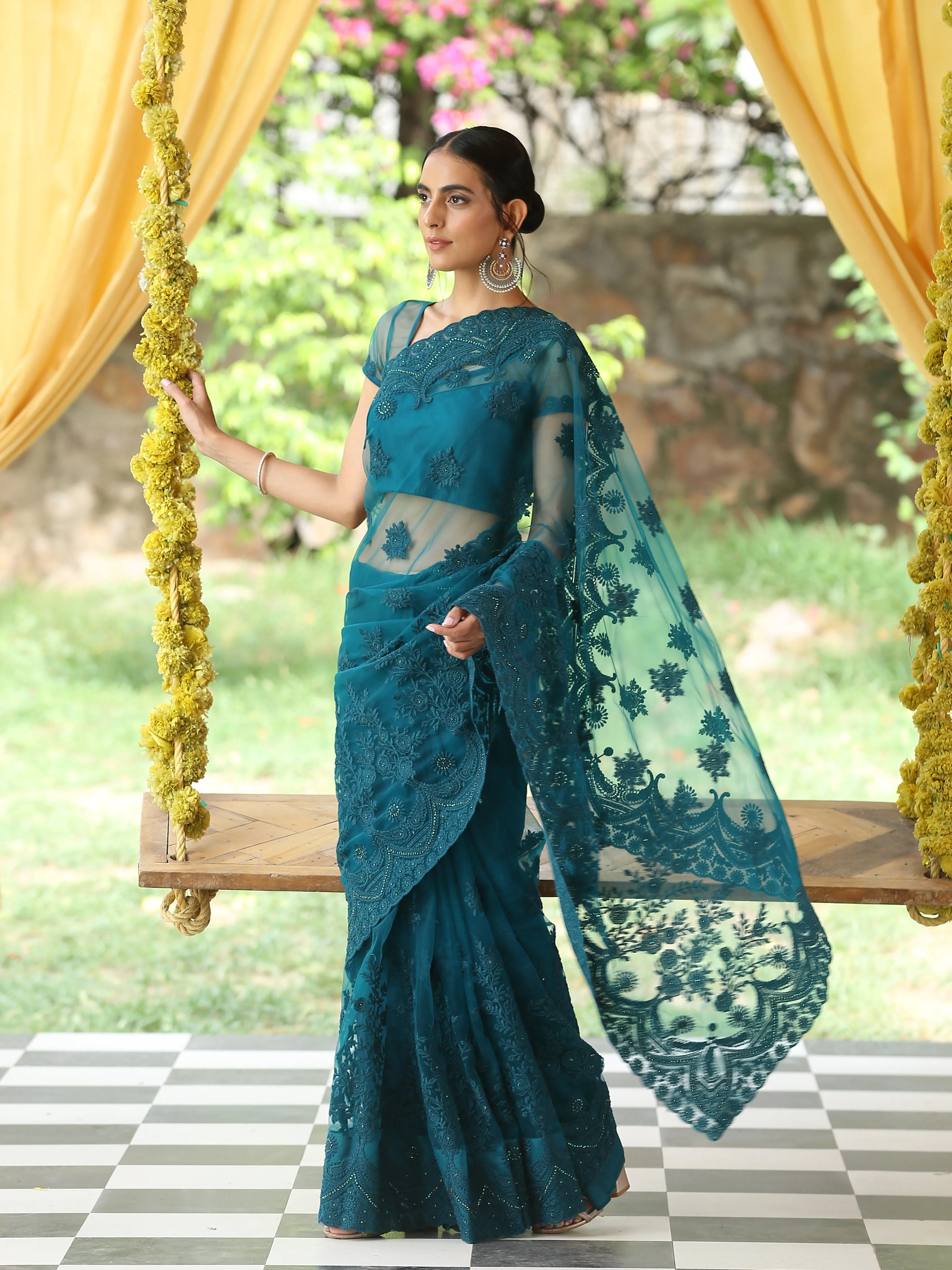 Sensual Jade Net Saree with Embroidery & Scalloping