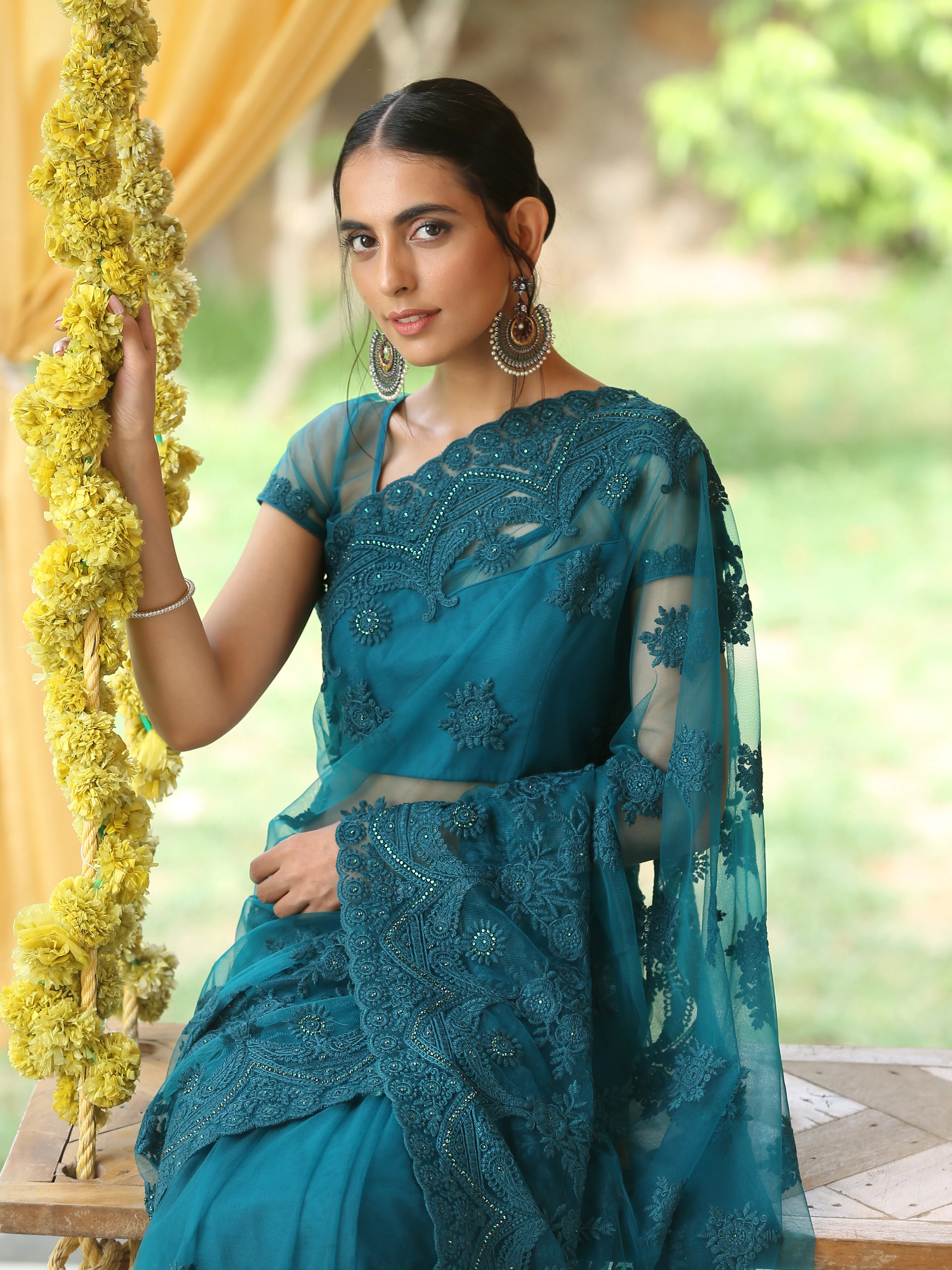 Sensual Jade Net Saree with Embroidery & Scalloping