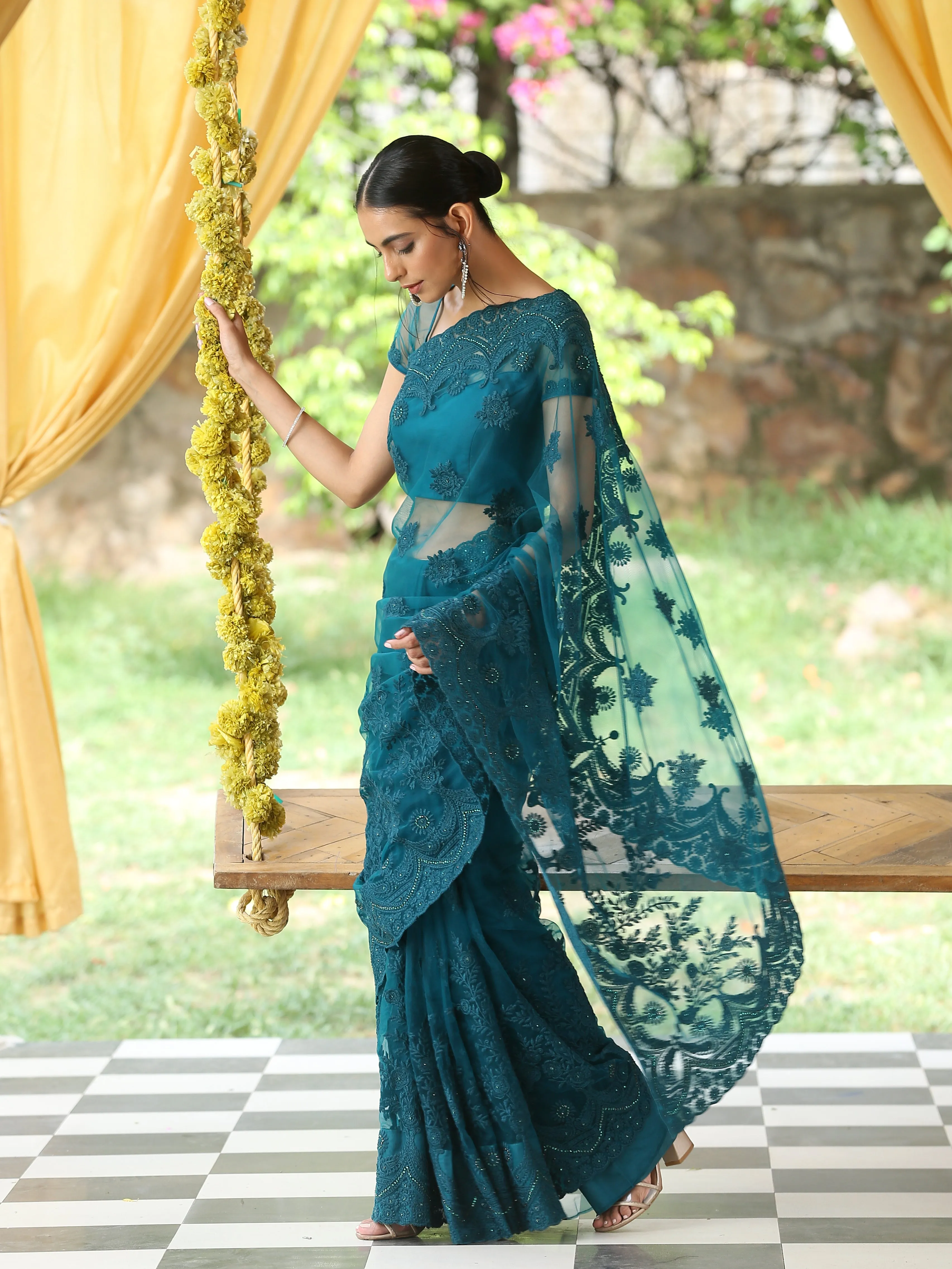 Sensual Jade Net Saree with Embroidery & Scalloping