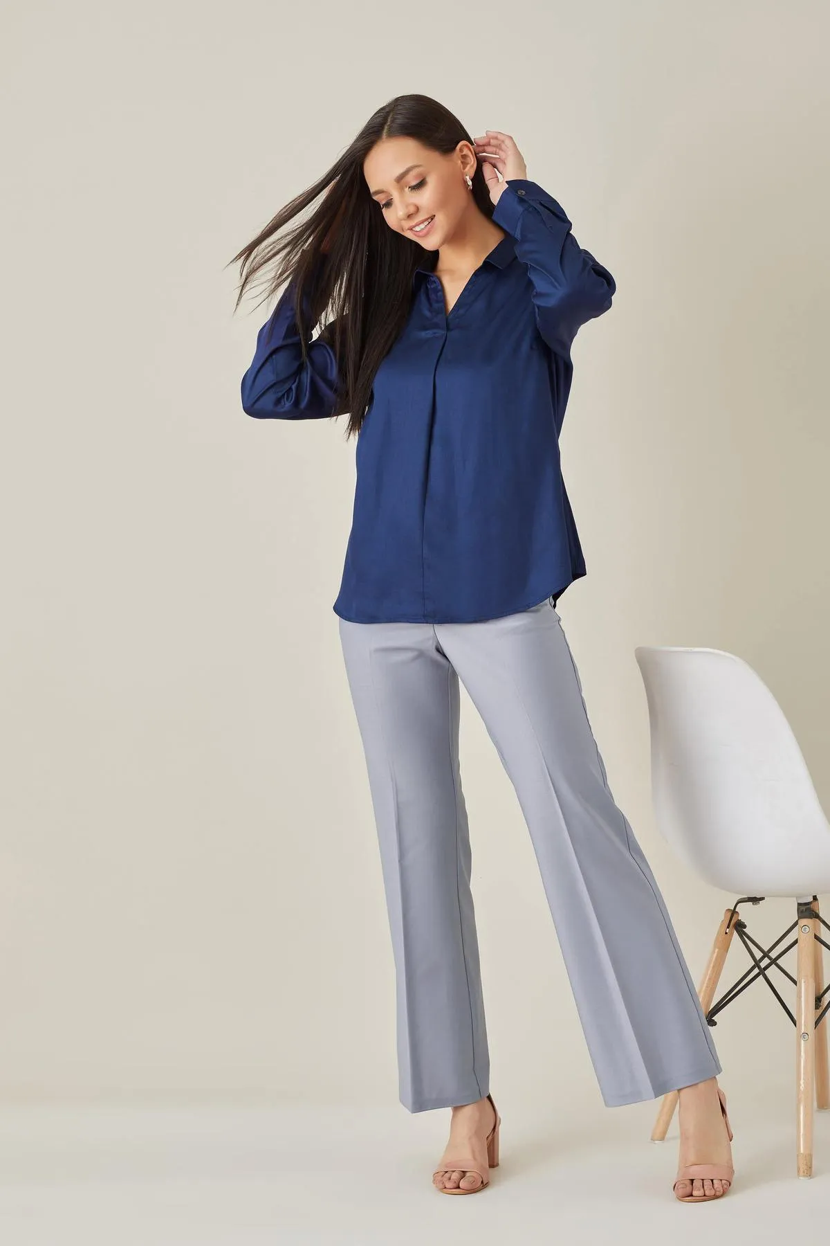 Solid Blue Satin Front Pleat Blouse