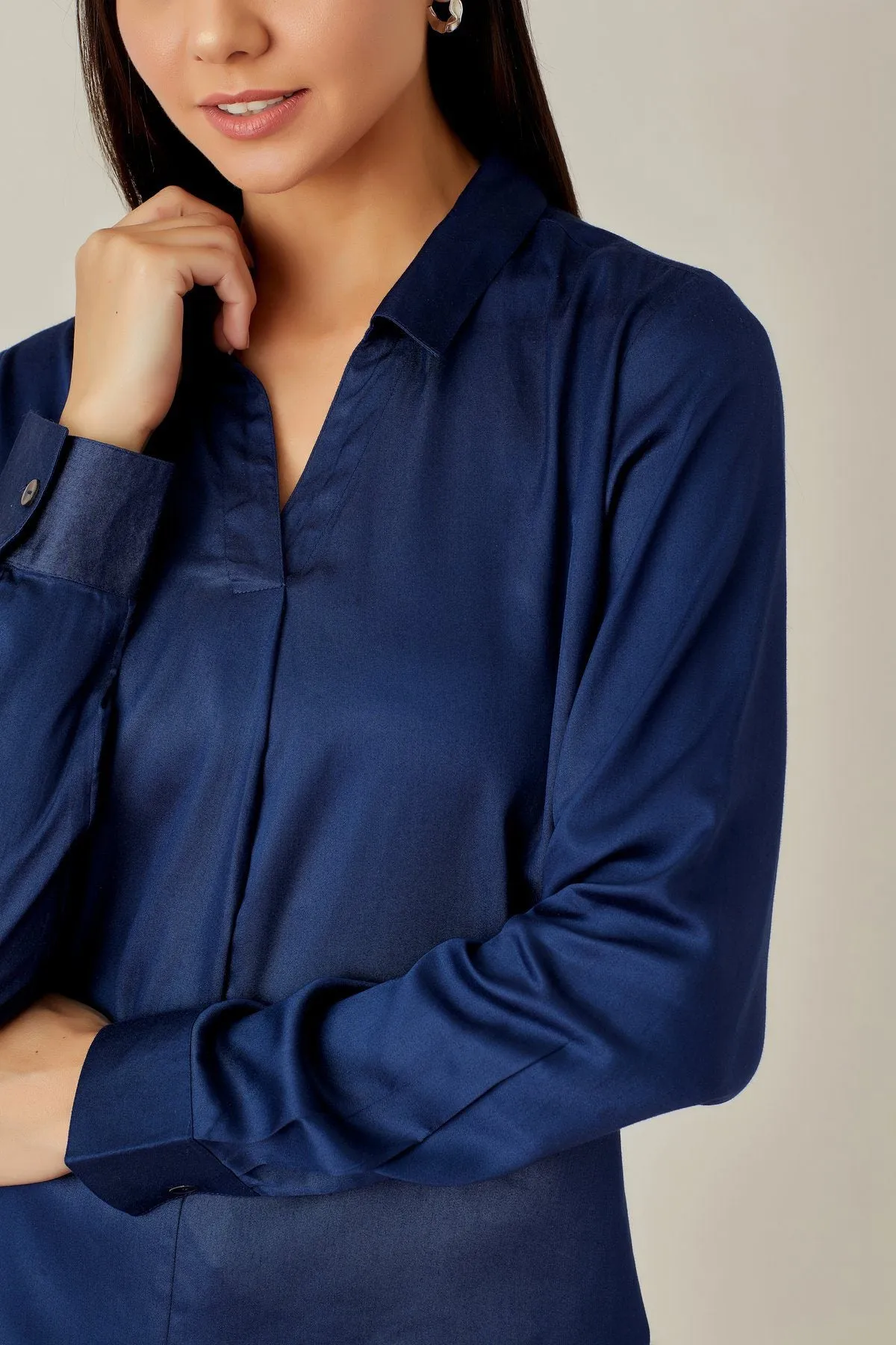 Solid Blue Satin Front Pleat Blouse