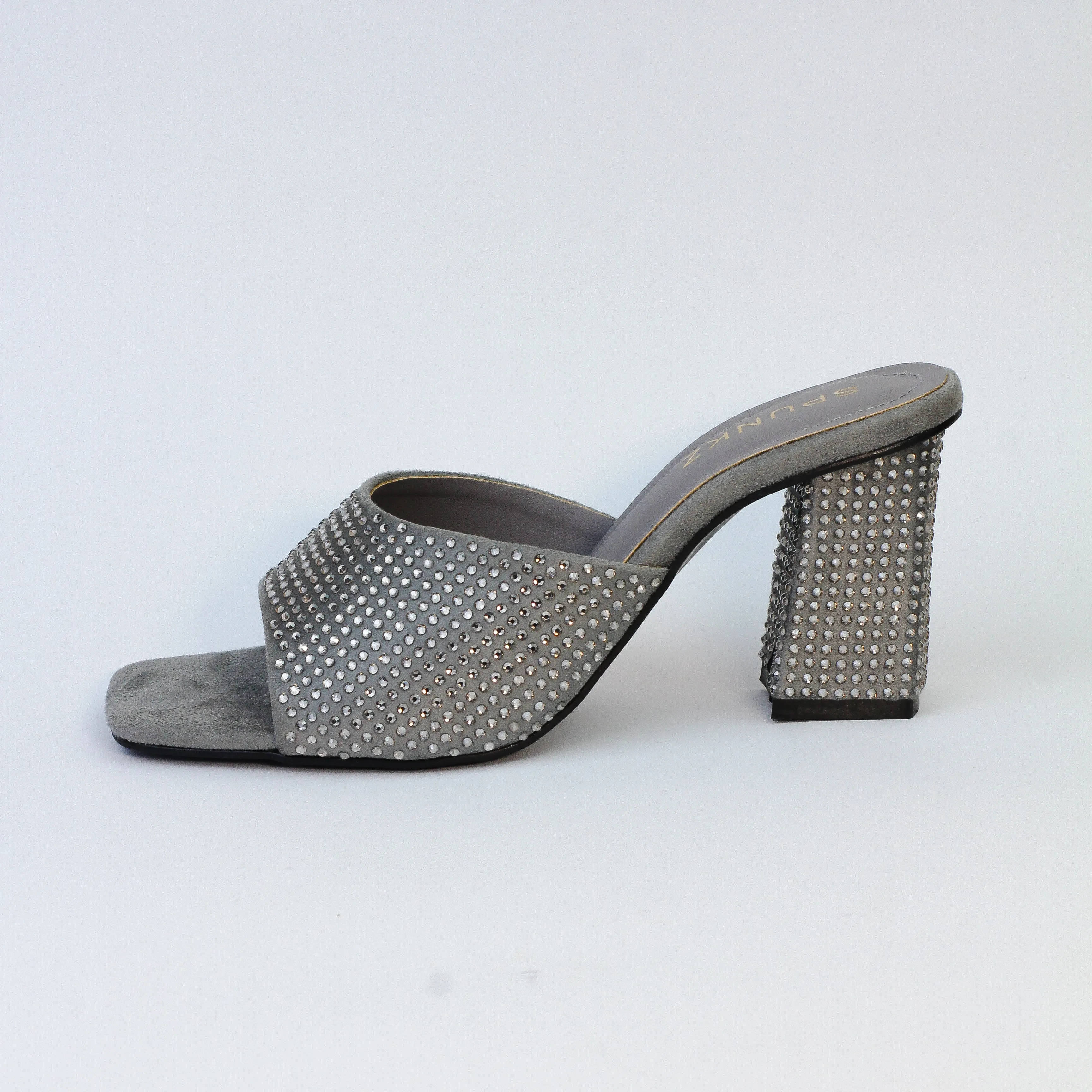 Spunkz Anja Grey Open Toe Crystal Studded High Heeled Mules 0006-Gry