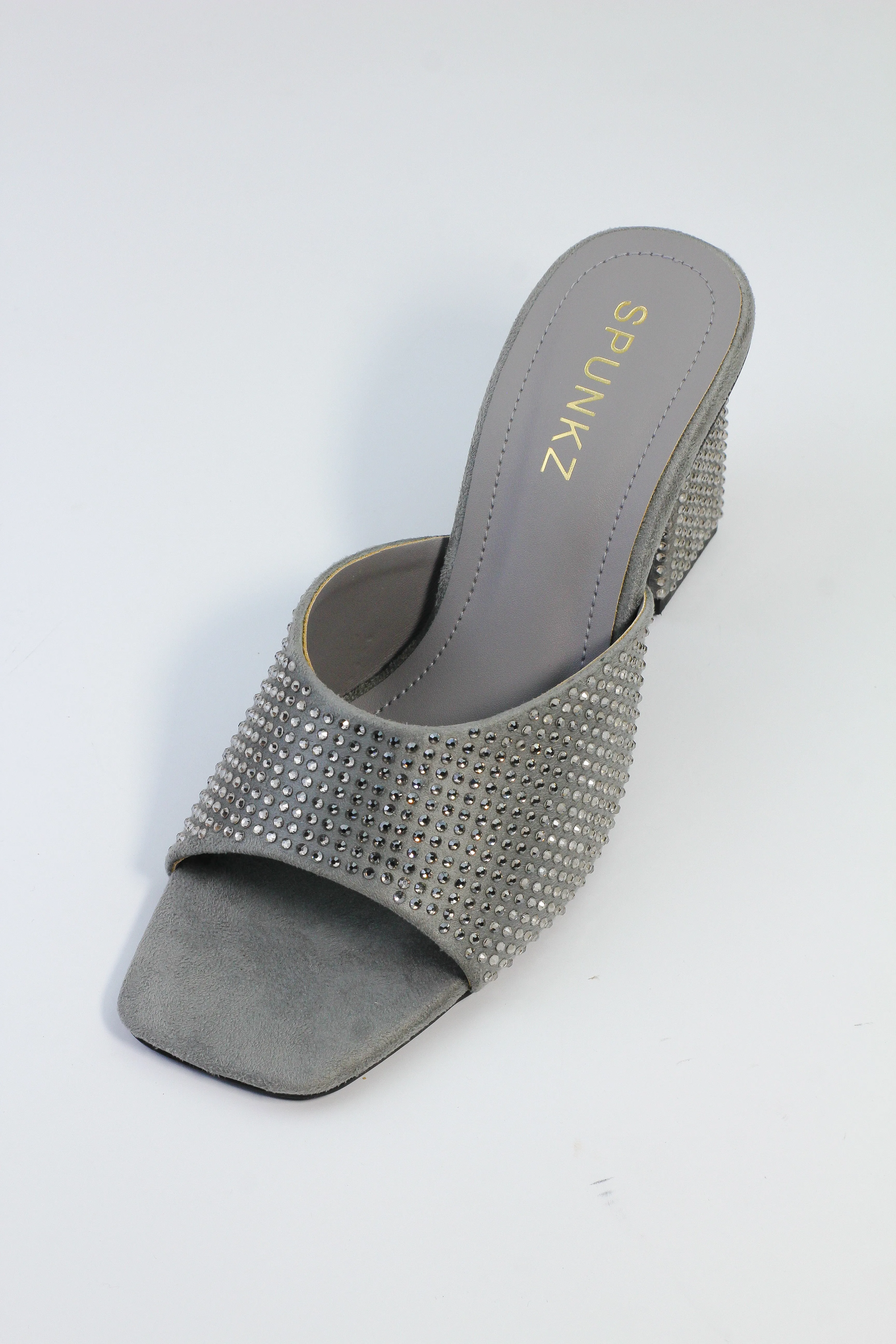 Spunkz Anja Grey Open Toe Crystal Studded High Heeled Mules 0006-Gry