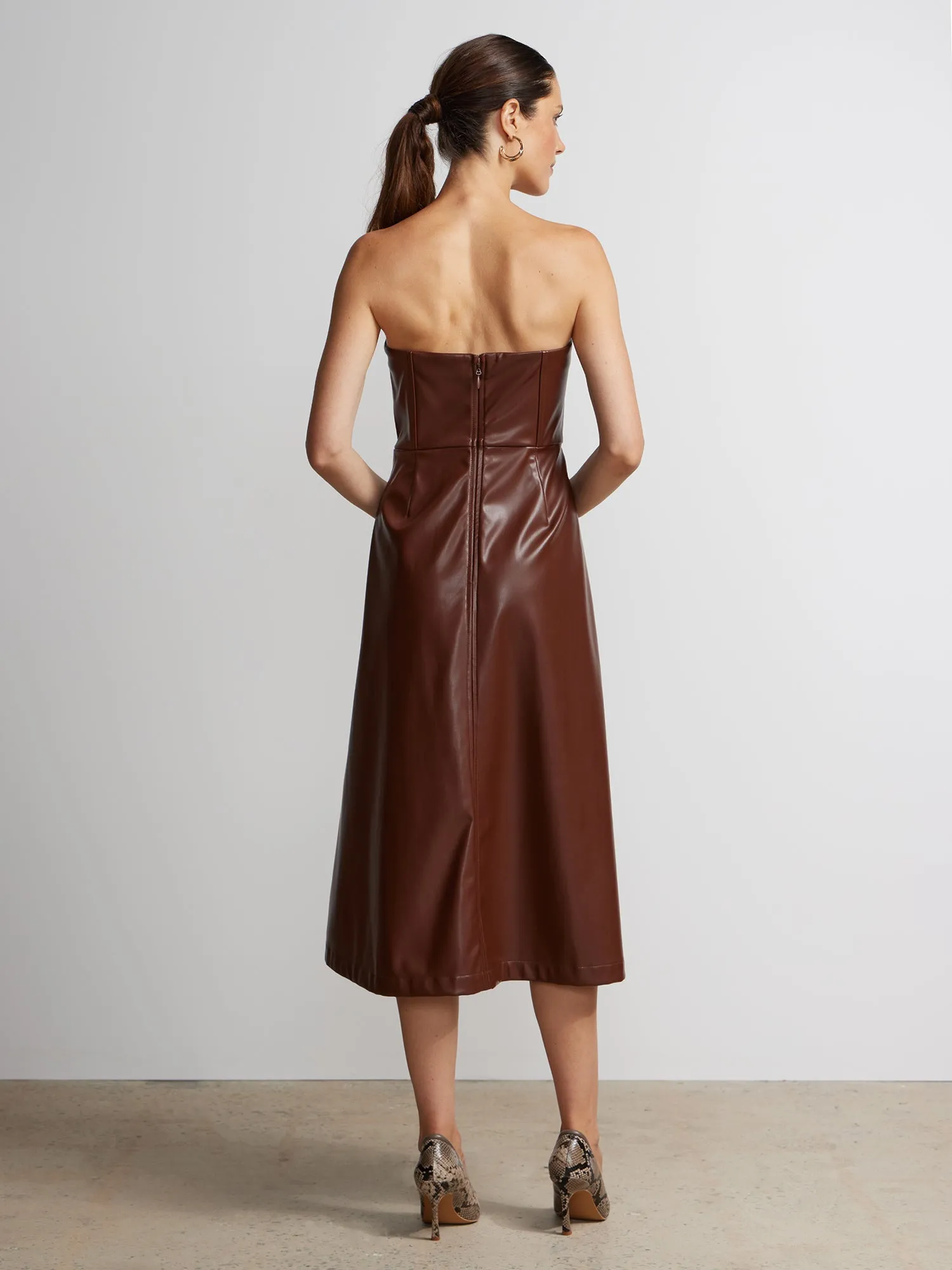 Strapless Faux Leather Midi Dress