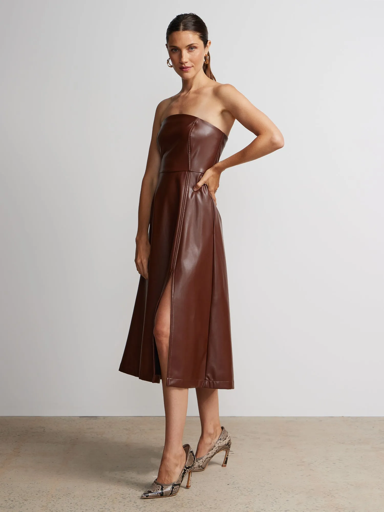 Strapless Faux Leather Midi Dress