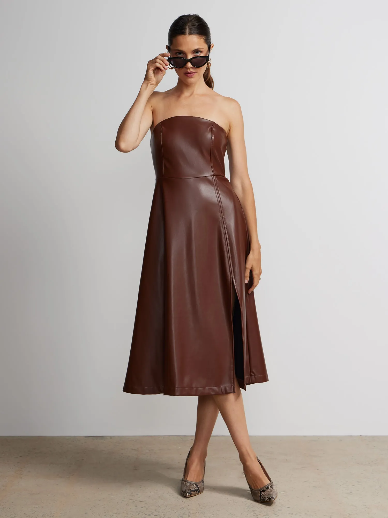 Strapless Faux Leather Midi Dress