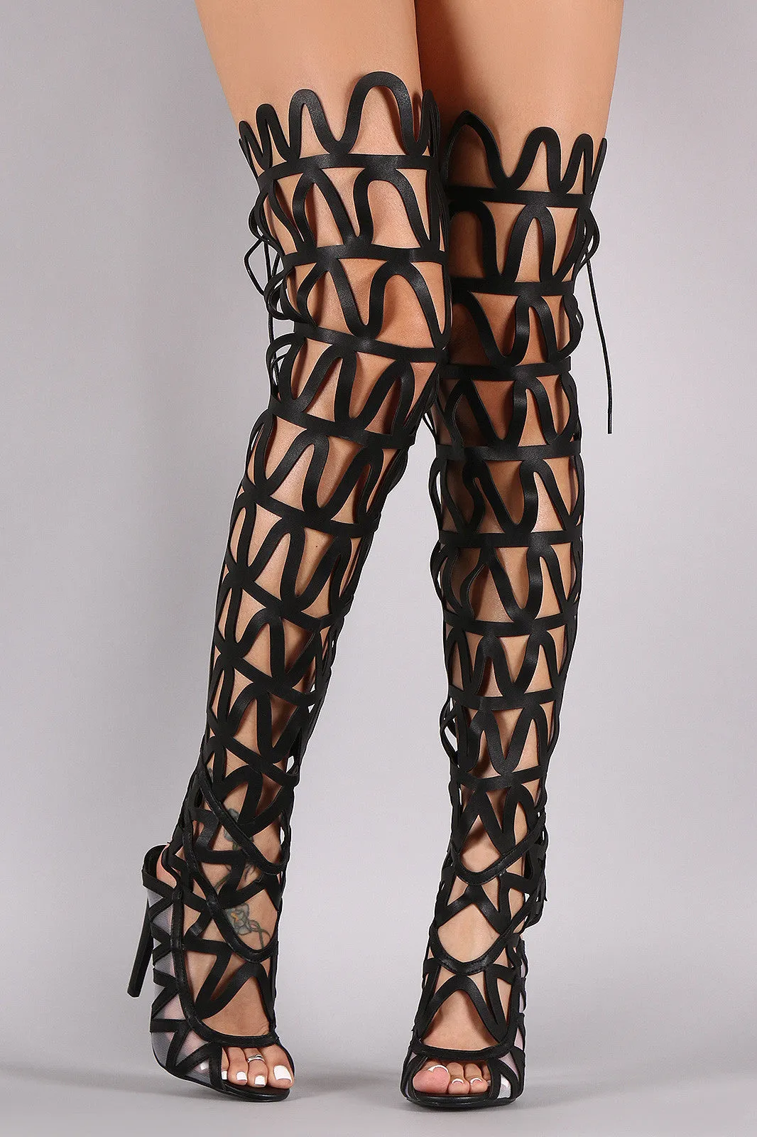 Thigh High Caged Back Lace Gladiator Stiletto Heels