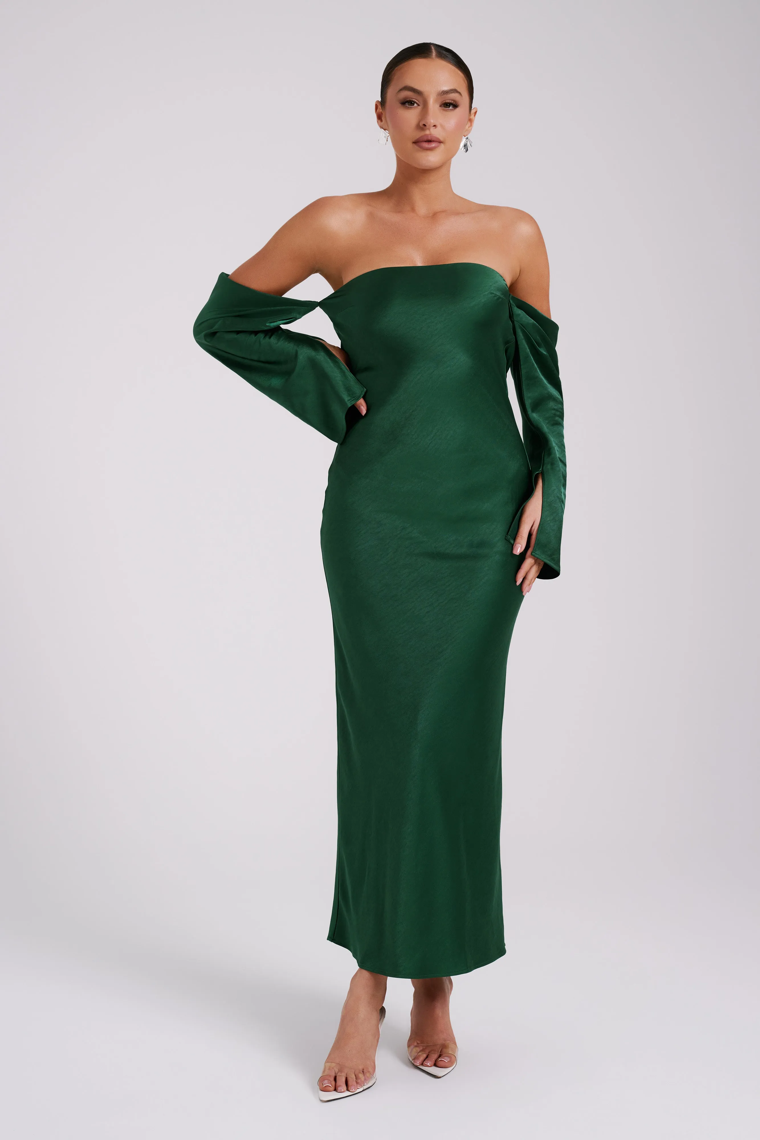 Vee Off Shoulder Satin Midi Dress - Emerald