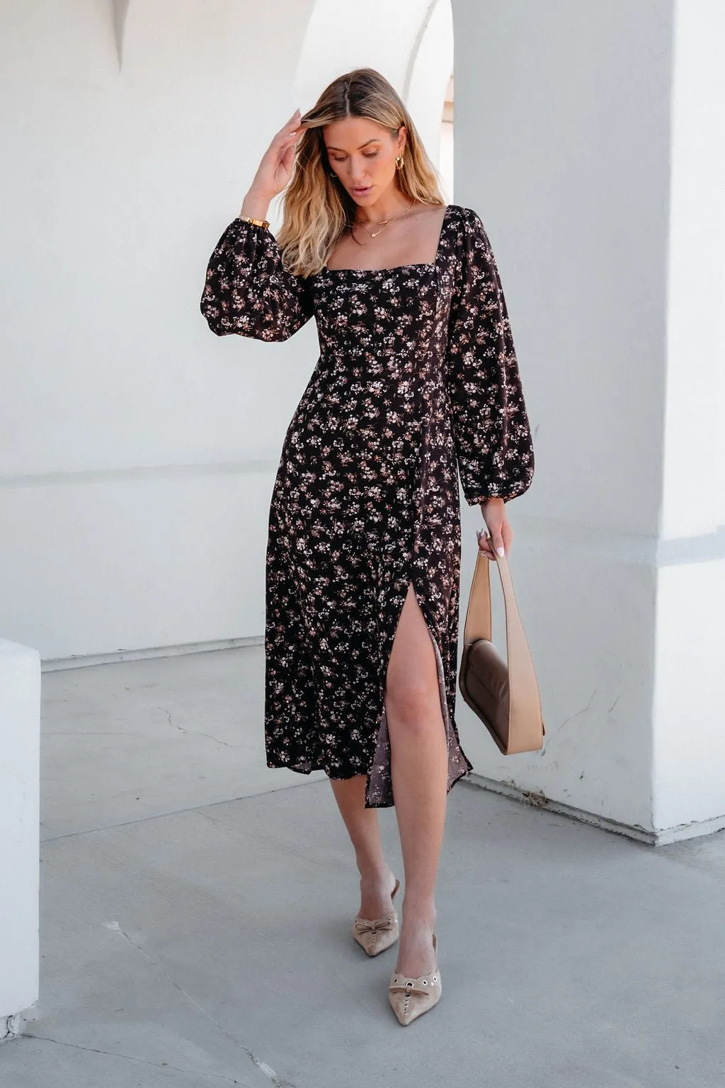 Waiting For You Floral Slit Midi Dress - FINAL SALE