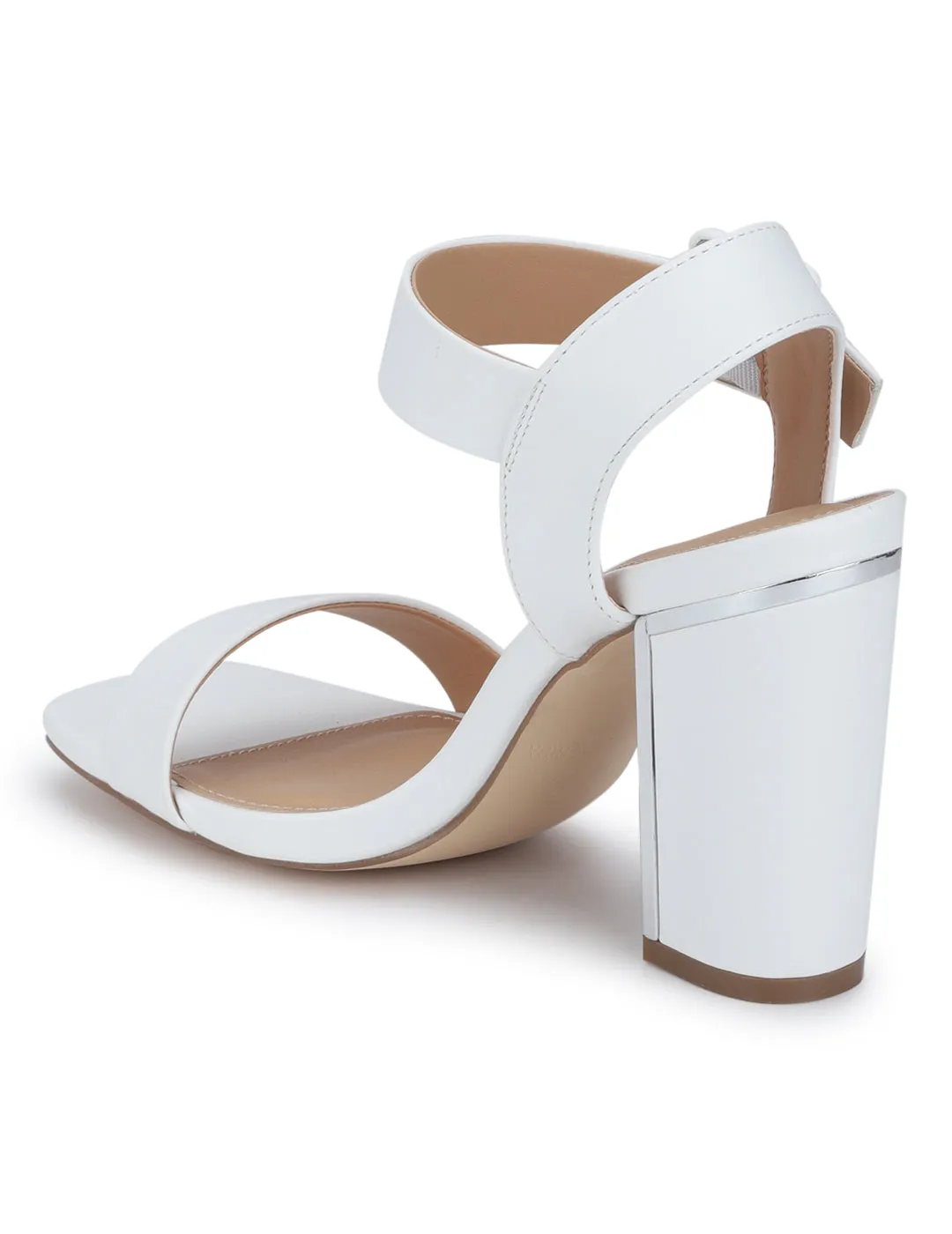 White PU Thick Ankle Strap Block Heels