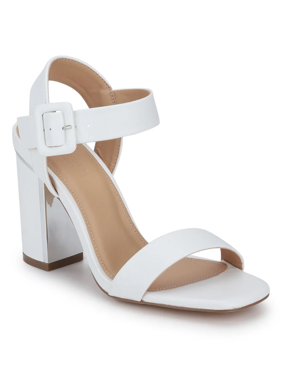 White PU Thick Ankle Strap Block Heels