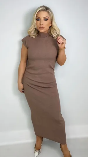 WINTER RIBBED KNIT MIDI DRESS- MOCHA