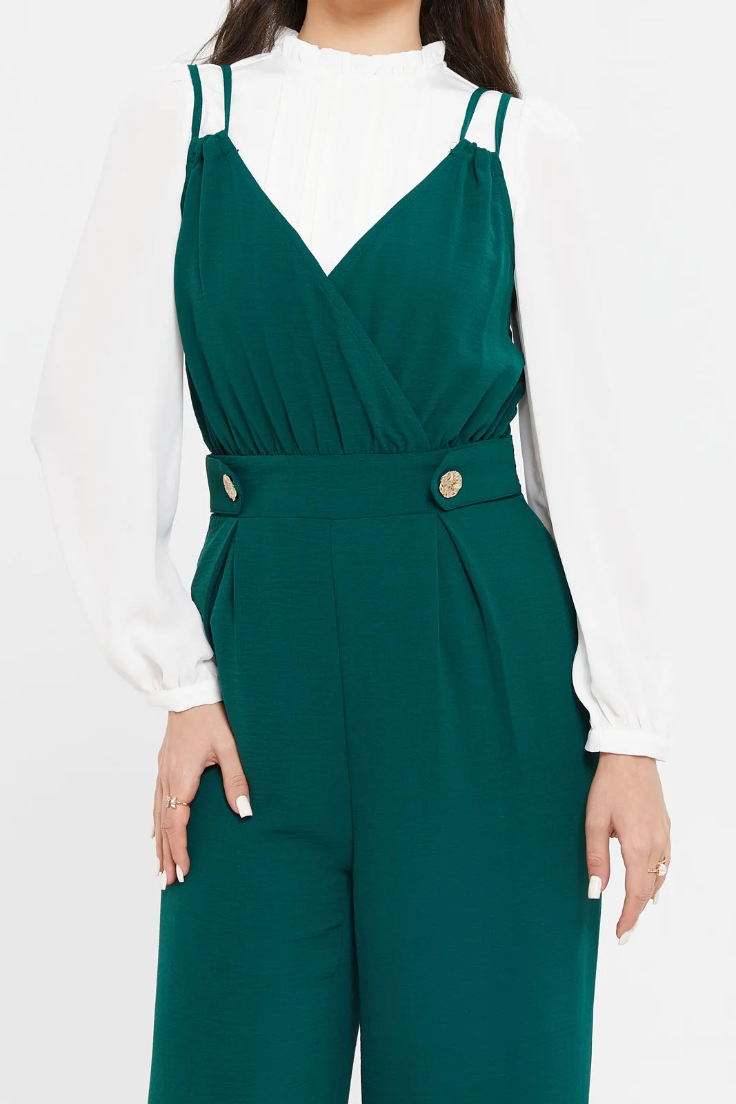 Women Teal Jumpsuit With Gold Button Details