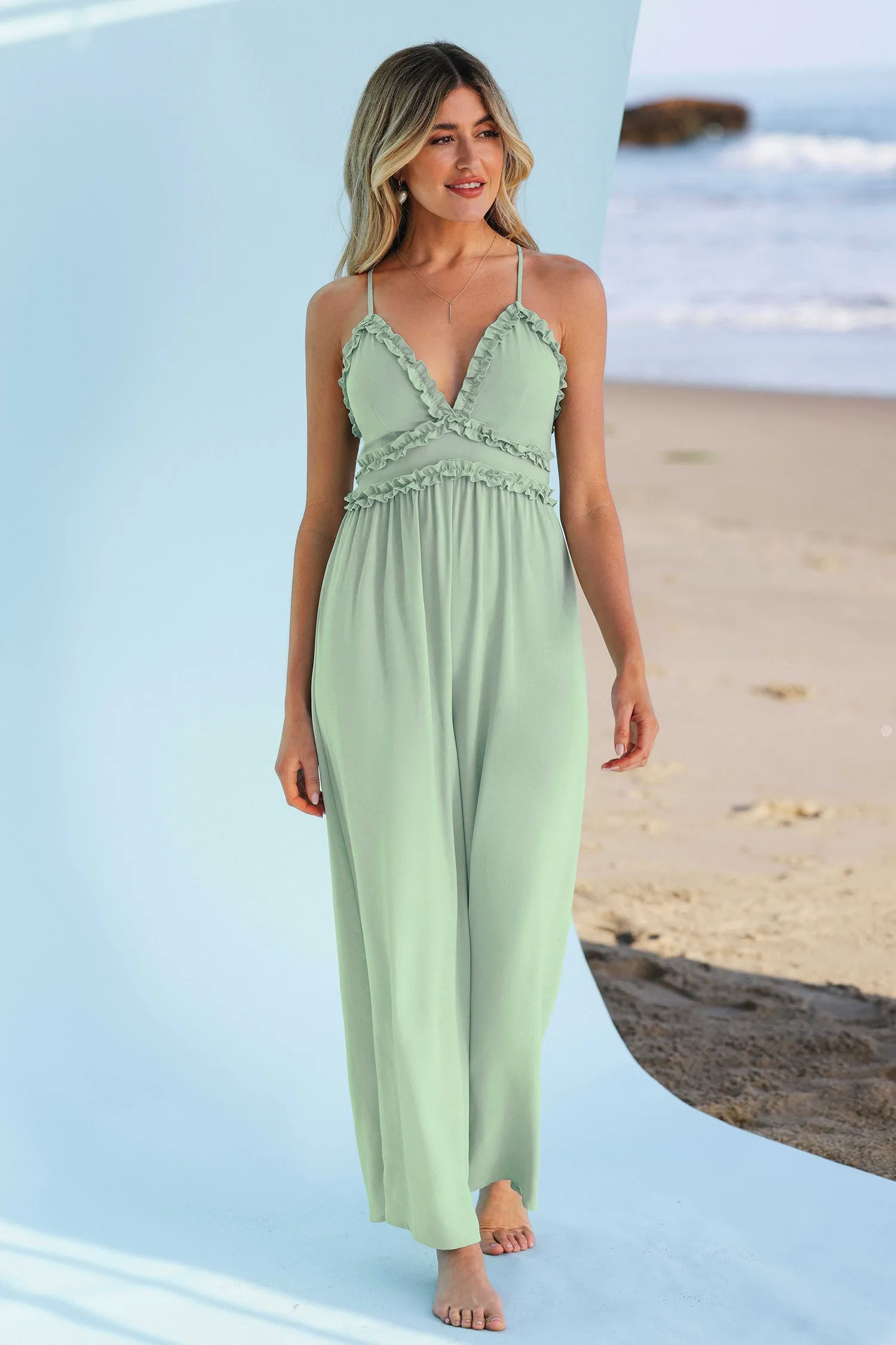 X Madison Beach Wedding Love Ruffled Cross Back Jumpsuit