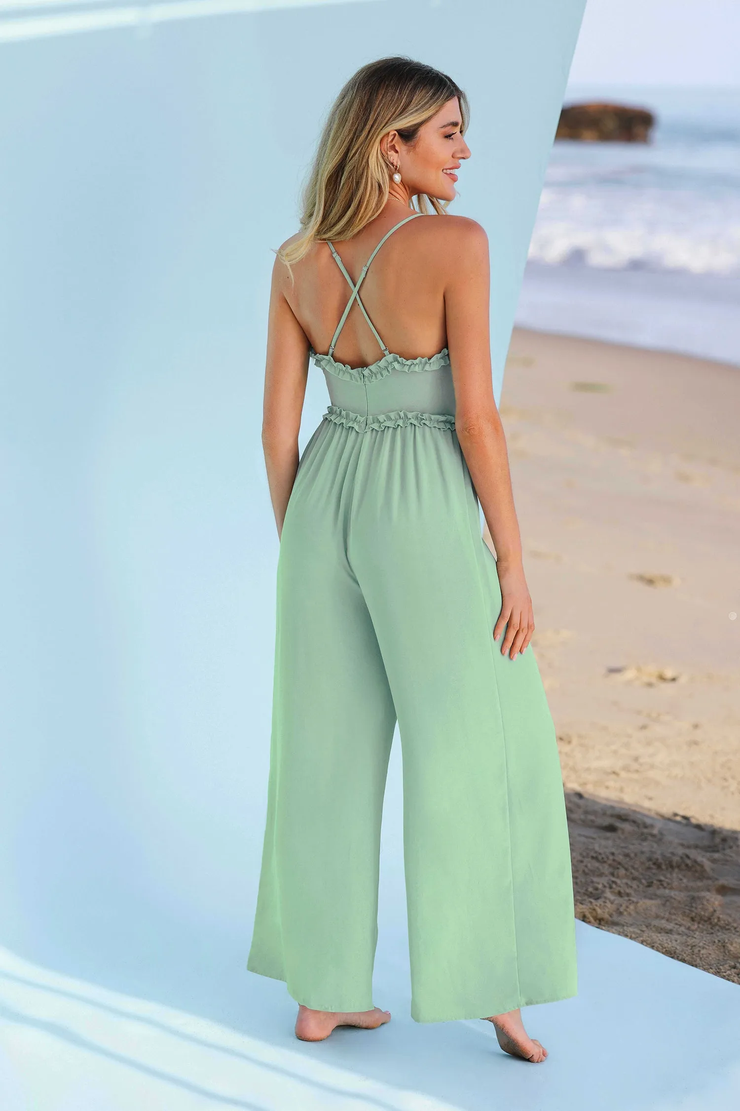 X Madison Beach Wedding Love Ruffled Cross Back Jumpsuit