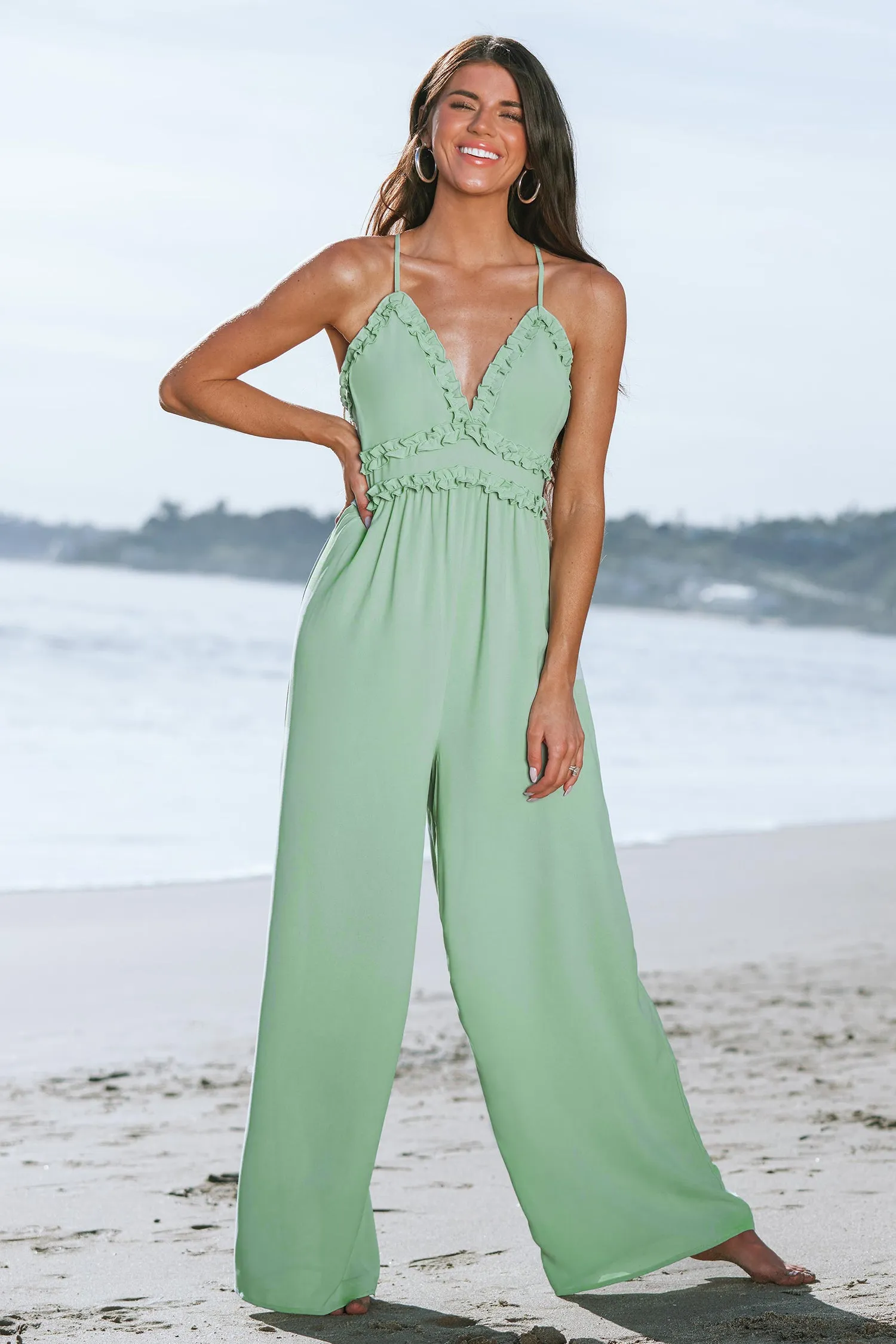 X Madison Beach Wedding Love Ruffled Cross Back Jumpsuit