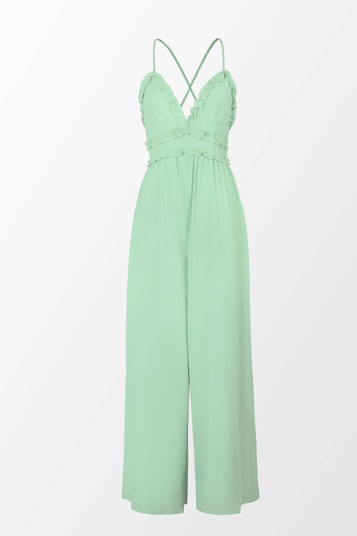 X Madison Beach Wedding Love Ruffled Cross Back Jumpsuit